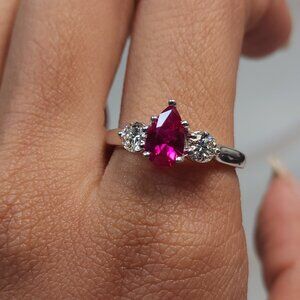 Created Ruby & Lab Grown Diamond Pear Round ring .925 Sterling Silver